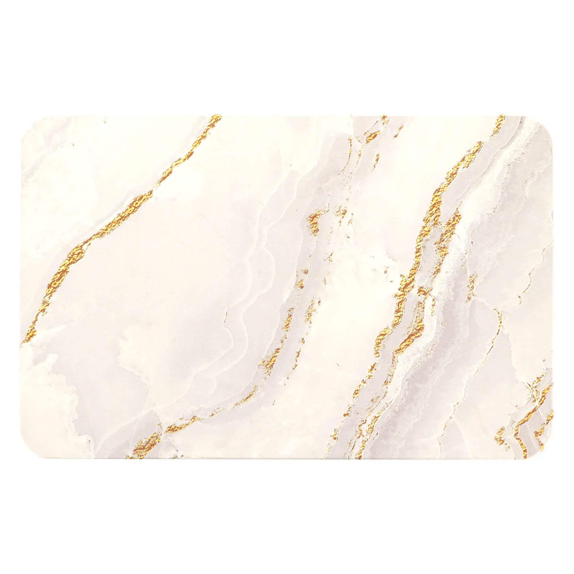 Close-up of a luxurious marble-styled diatomite bath mat featuring intricate white and gray patterns with gold veining.