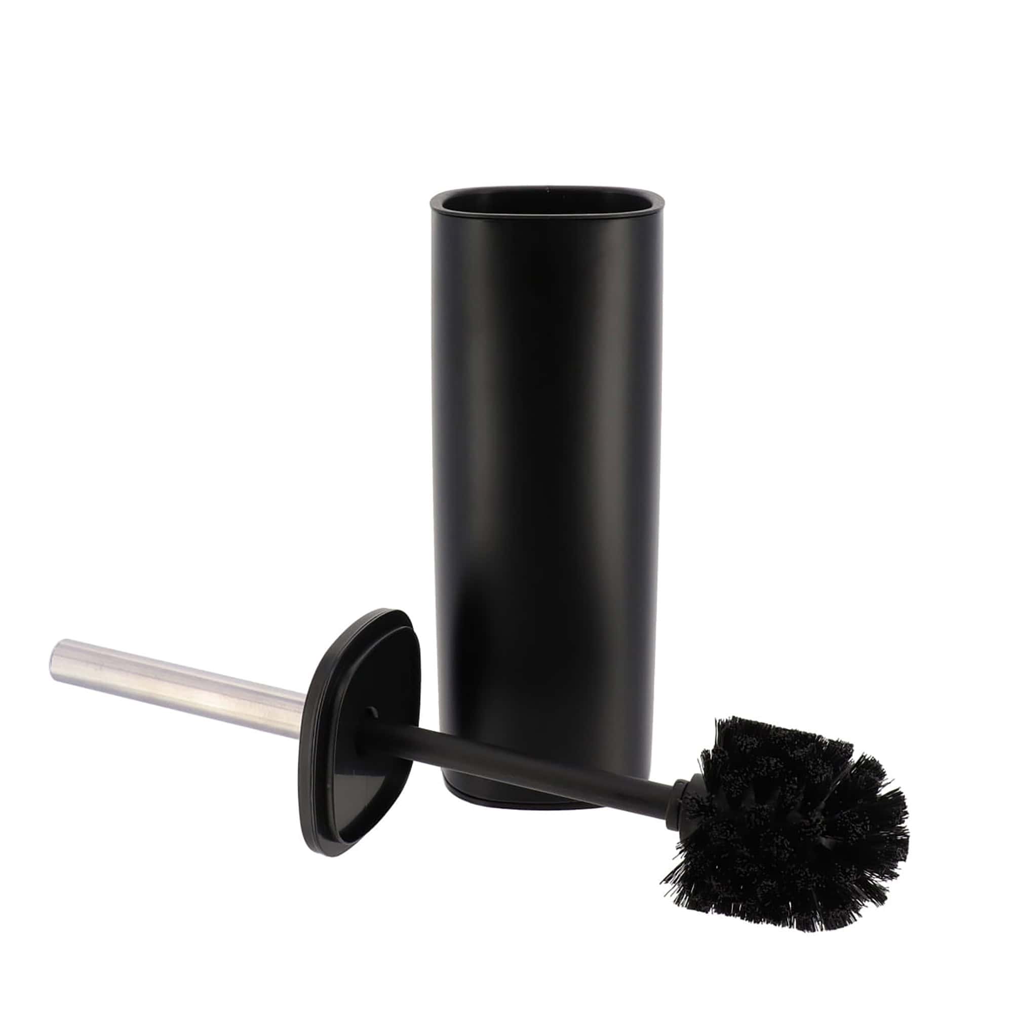 a black metal toilet brush and holder with chrome handle and black brush