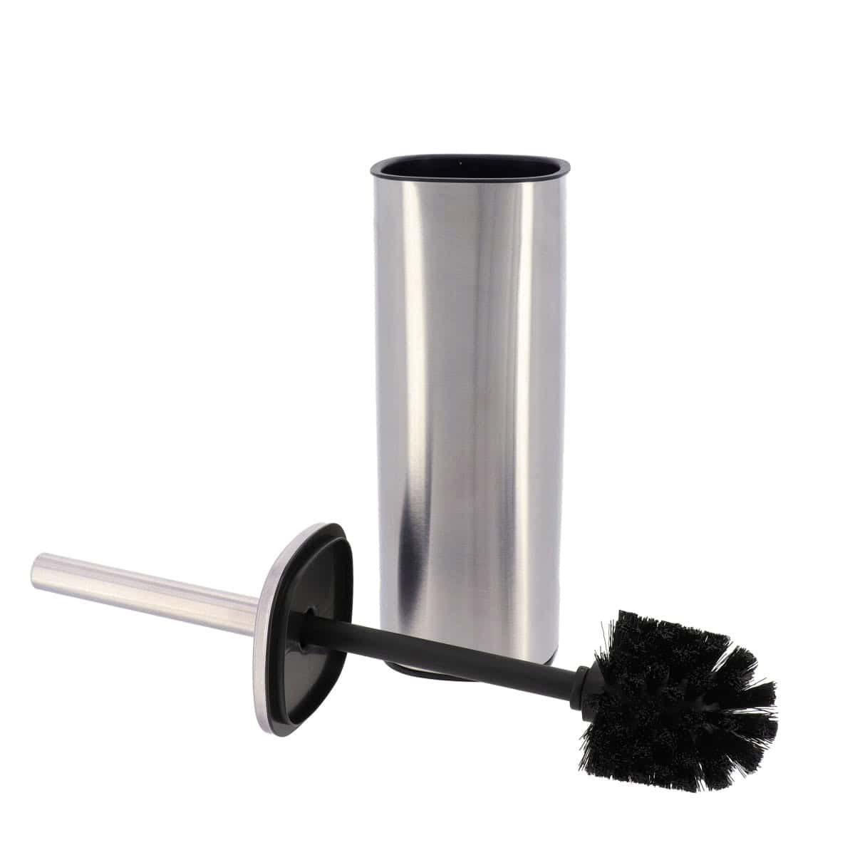 a chrome metal toilet brush and holder with chrome handle and black brush
