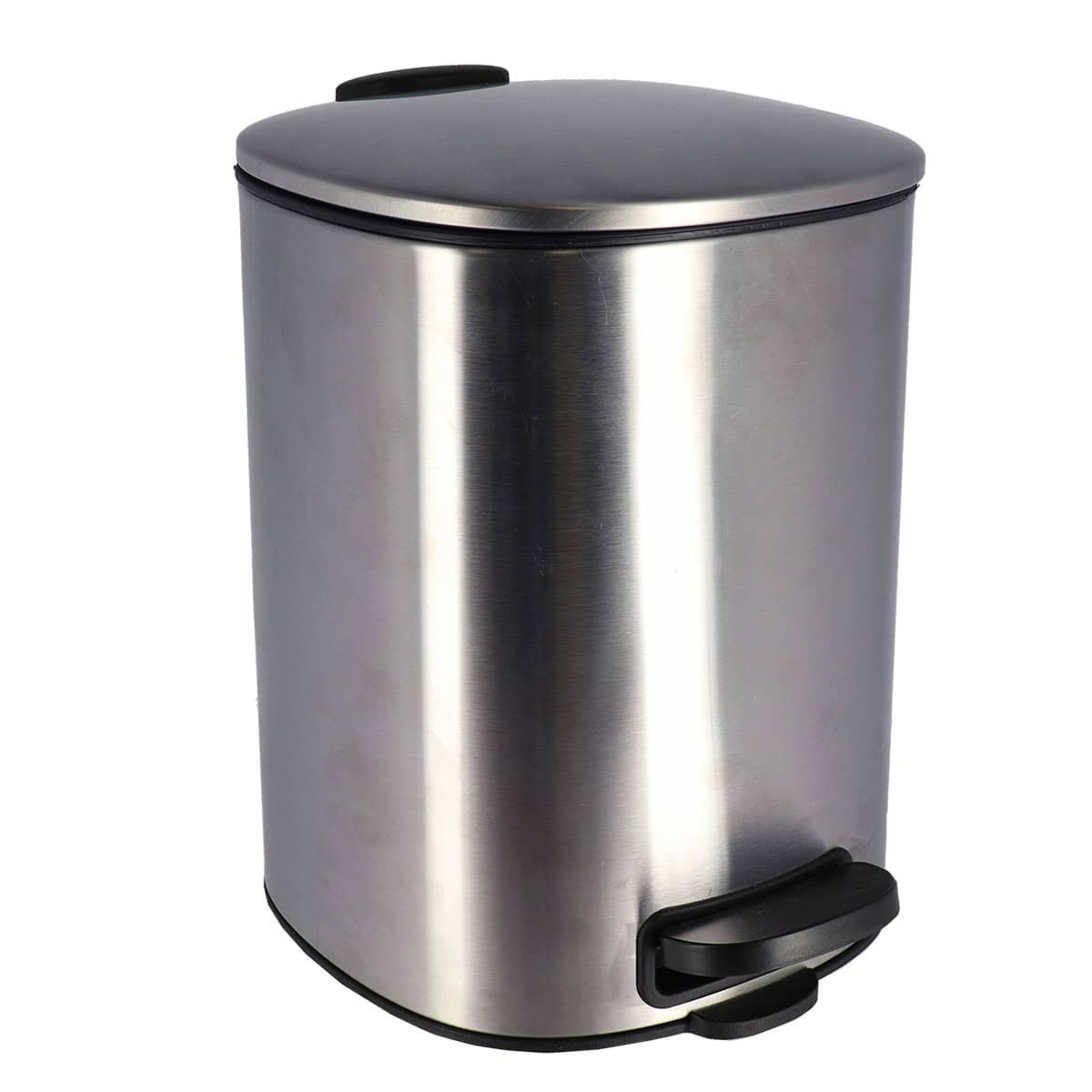 a chrome metal trash can, square design