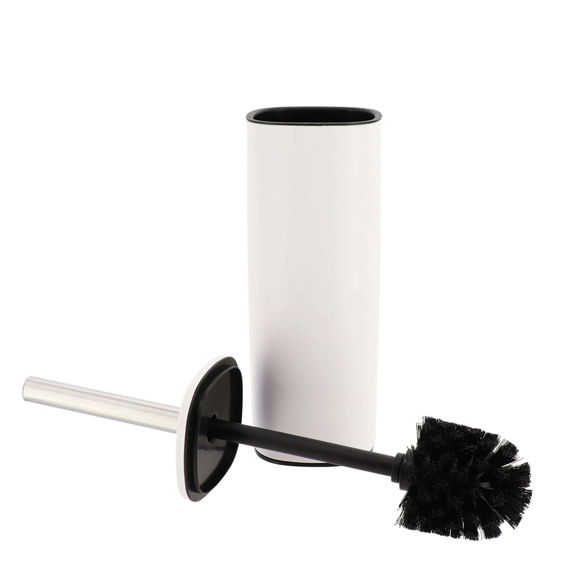a white metal toilet brush and holder with chrome handle and black brush