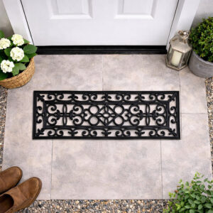 Slim rubber doormat placed in front of white entry door