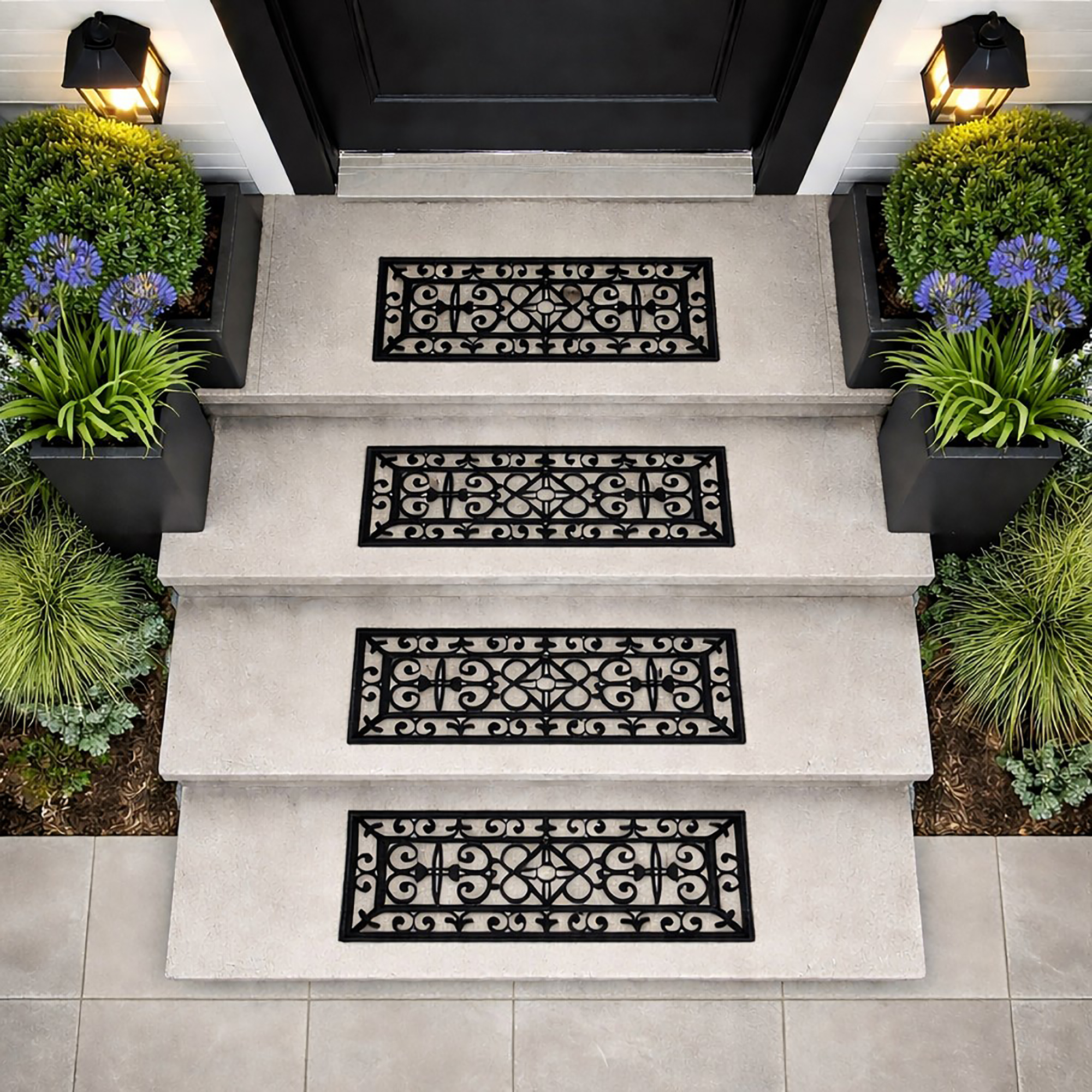 Top view of rubber scroll mats on outdoor stairs