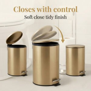 Gold trash can with soft close lid sequence demonstration
