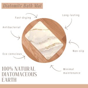 Diatomite bath mat with marble design, highlighted features like fast-drying, non-slip, minimal maintenance, and eco-conscious