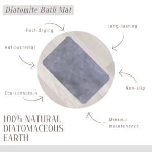 Diatomite bath mat with concrete design, highlighted features like fast-drying, non-slip, minimal maintenance, and eco-conscious