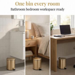 Gold trash can used in bathroom bedroom office lifestyle scenes