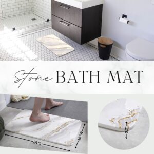 Collage of a stone bath mat in a modern bathroom setting, showing the mat in use, detailed texture close-up, and its dimensions.