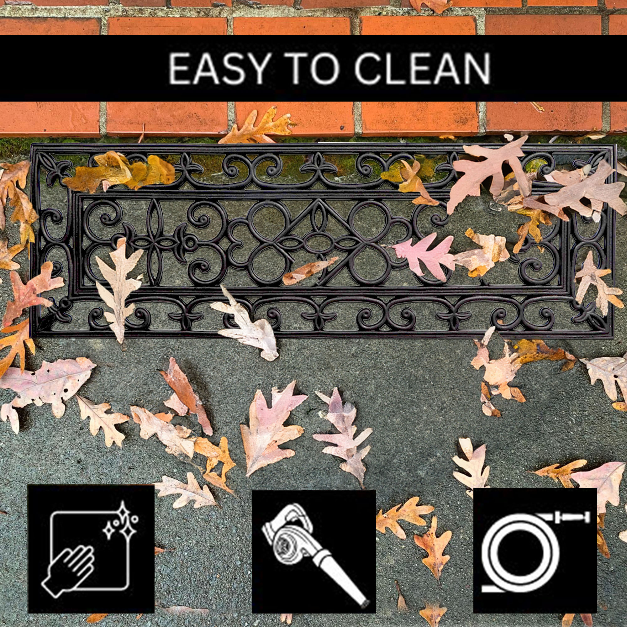 Easy to clean rubber mat with open scroll design