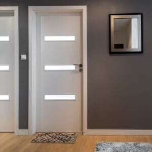 picture of inside entrance door with printed mat on the floor