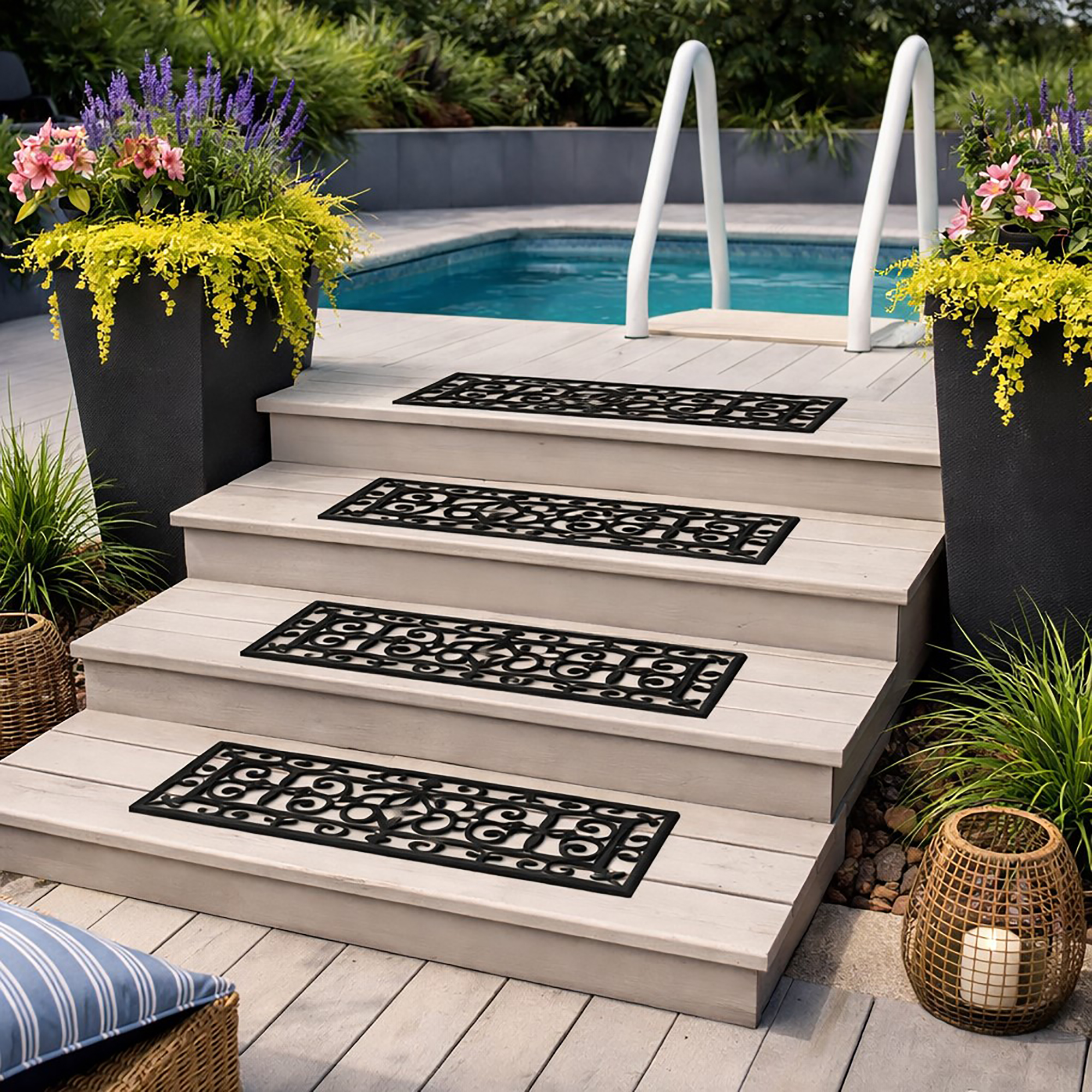 Rubber stair mats installed on pool deck steps