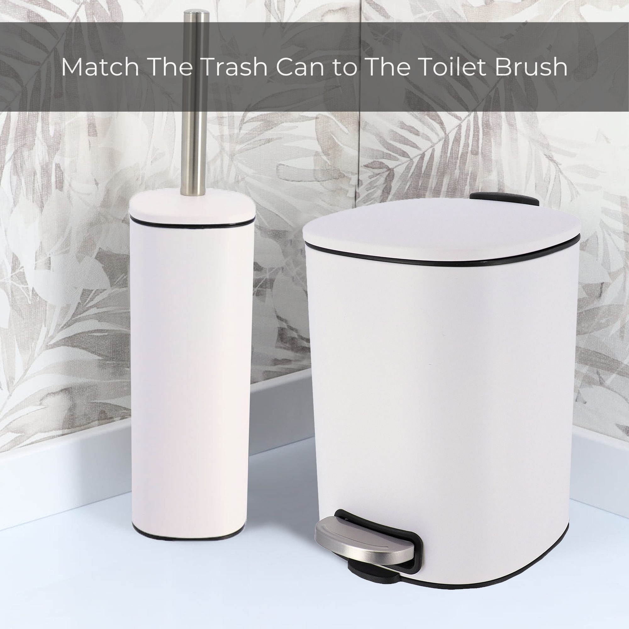White step trash can with matching toilet brush set in modern bathroom