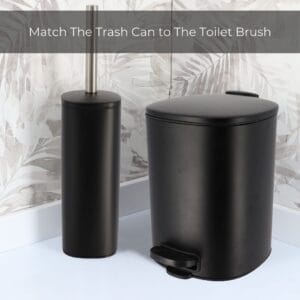 Black step trash can paired with matching toilet brush set