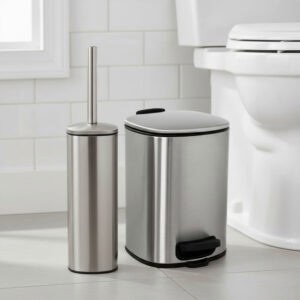 Brushed stainless steel square toilet brush and matching step trash can with black accents in white bathroom