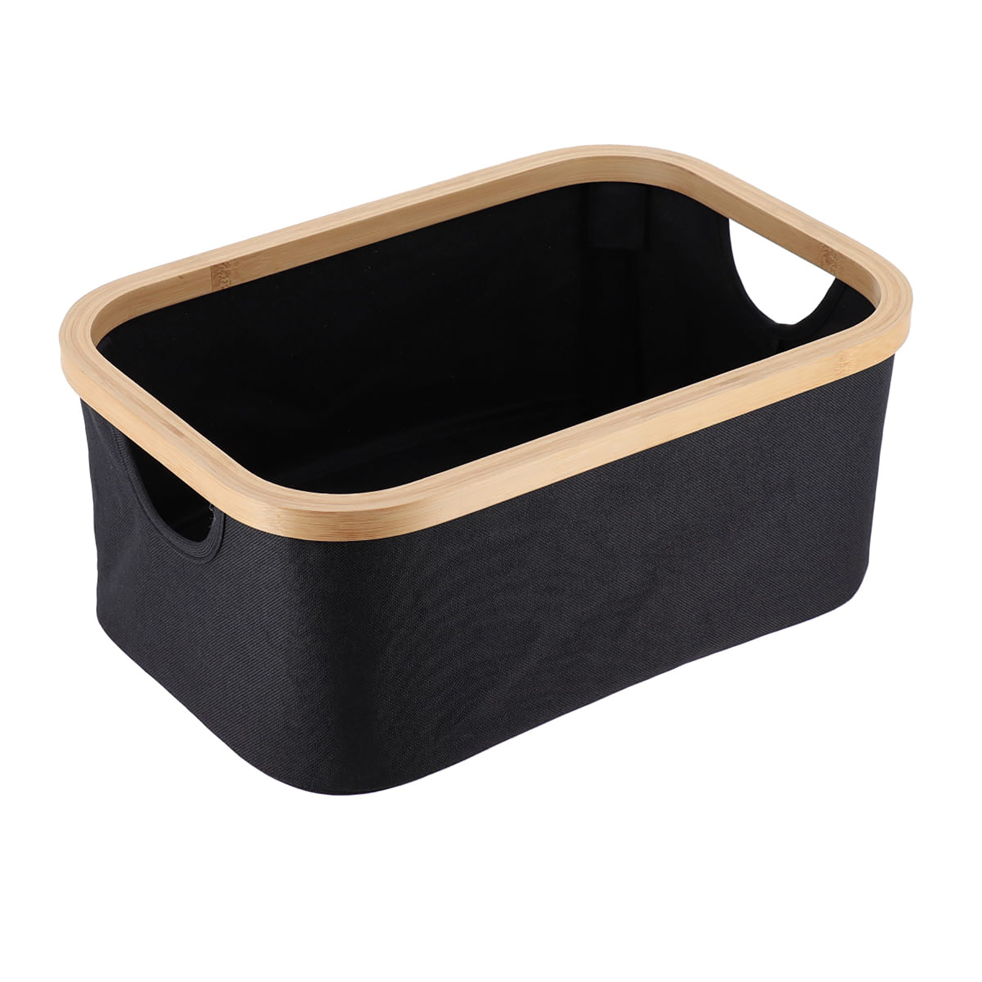 Rectangular black fabric storage basket with natural bamboo rim and side handles, shown empty on a white background.