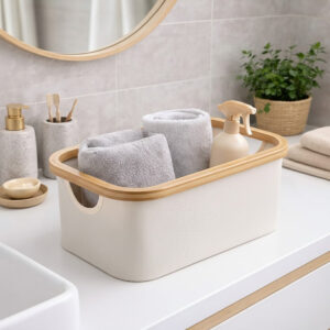 Ecru bamboo-rimmed storage basket holding rolled gray towels and a spray bottle on a bathroom countertop.