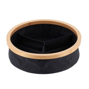 Image 1: Round black Oxford fabric storage basket with natural bamboo rim and 3 compartments, shown empty on a white background.