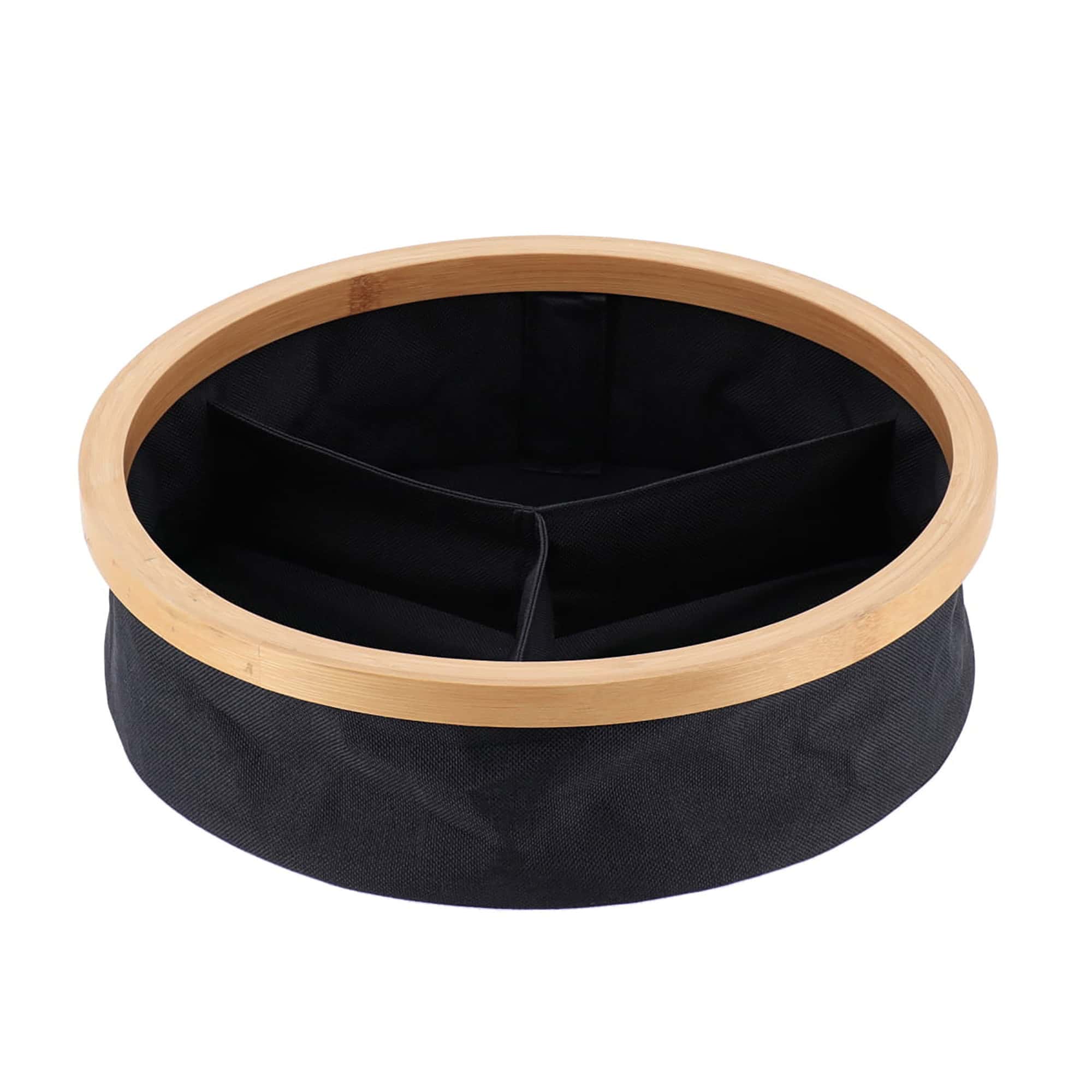 round black fabric and bamboo frame storage box
