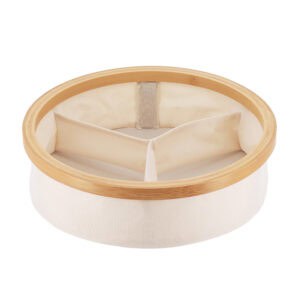 Image 2: Round ecru Oxford fabric storage basket with natural bamboo rim and 3 compartments, shown empty on a white background.