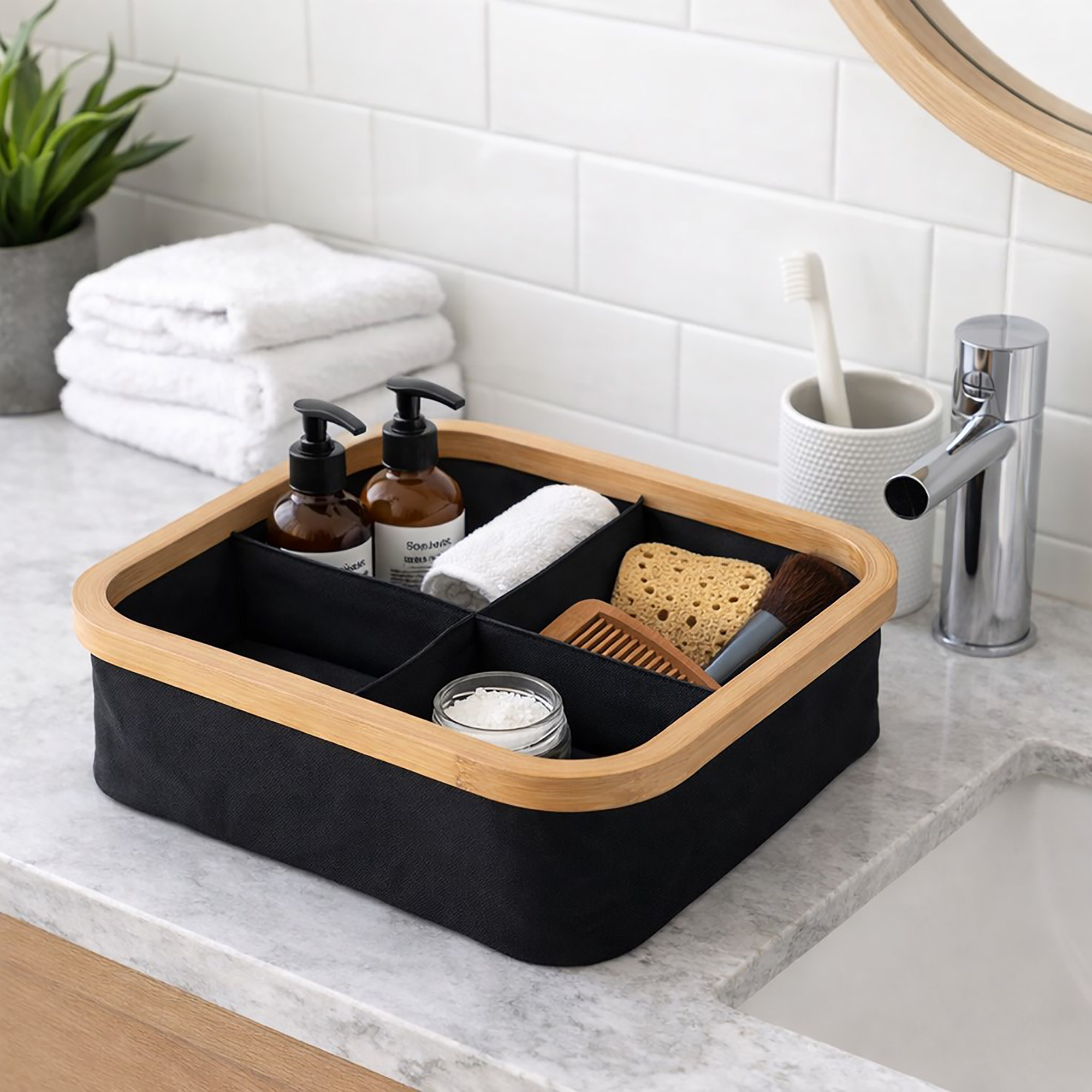 Black bamboo-rimmed 4-compartment basket holding toiletries, soaps, and a comb on a marble bathroom countertop.