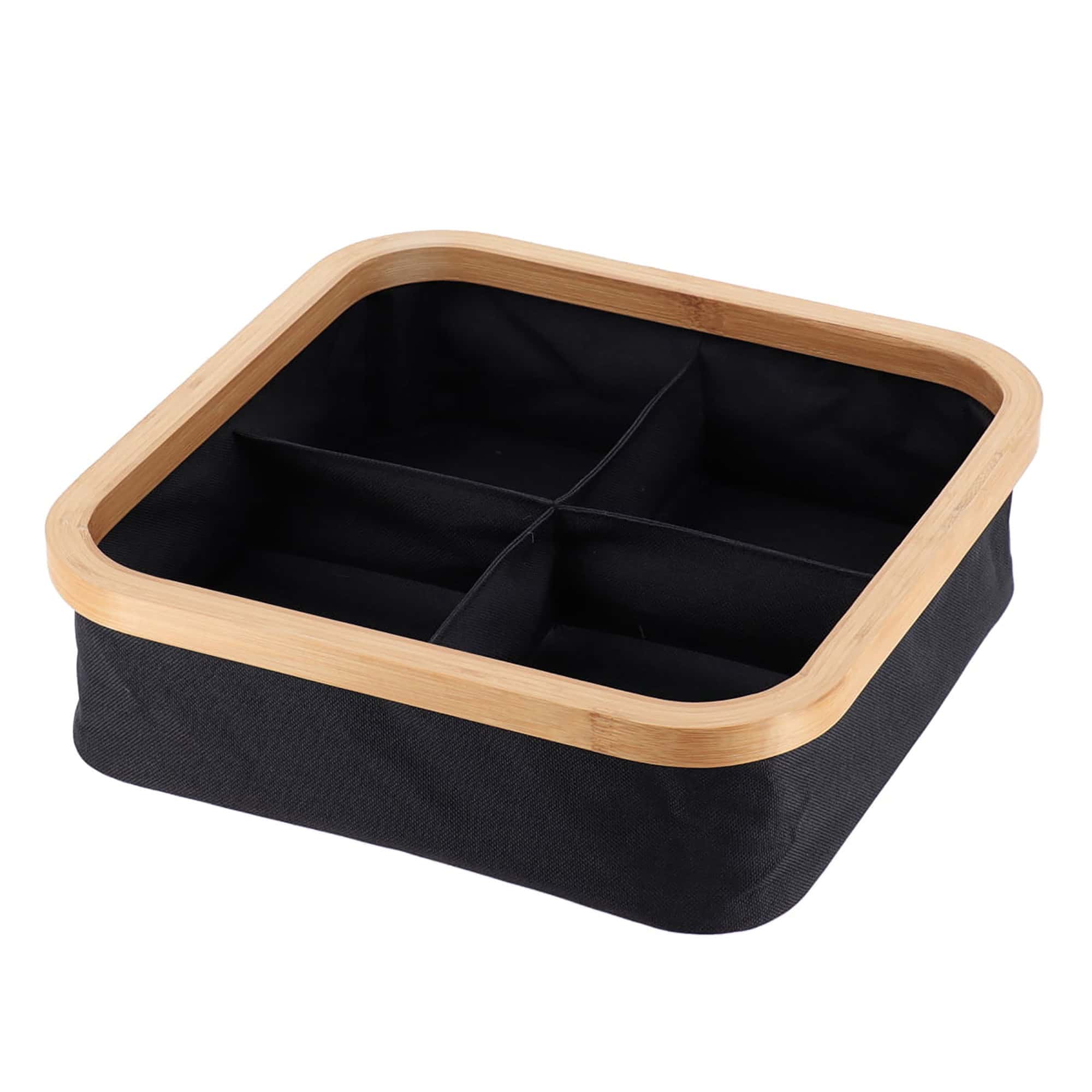 Square black fabric storage basket with natural bamboo rim and 4 equal compartments, shown empty on a white background.