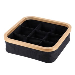 Image 1: Square black Oxford fabric storage basket with natural bamboo rim and 9 equal compartments, shown empty on a white background.