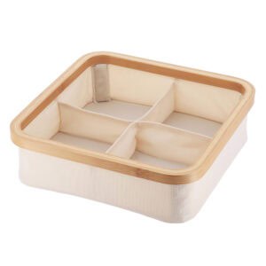 Square ecru Oxford fabric storage basket with natural bamboo rim and 4 equal compartments, shown empty on a white background.