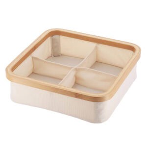 square ecru fabric and bamboo frame storage box