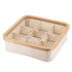 Image 1: Square ecru Oxford fabric storage basket with natural bamboo rim and 9 equal compartments, shown empty on a white background.