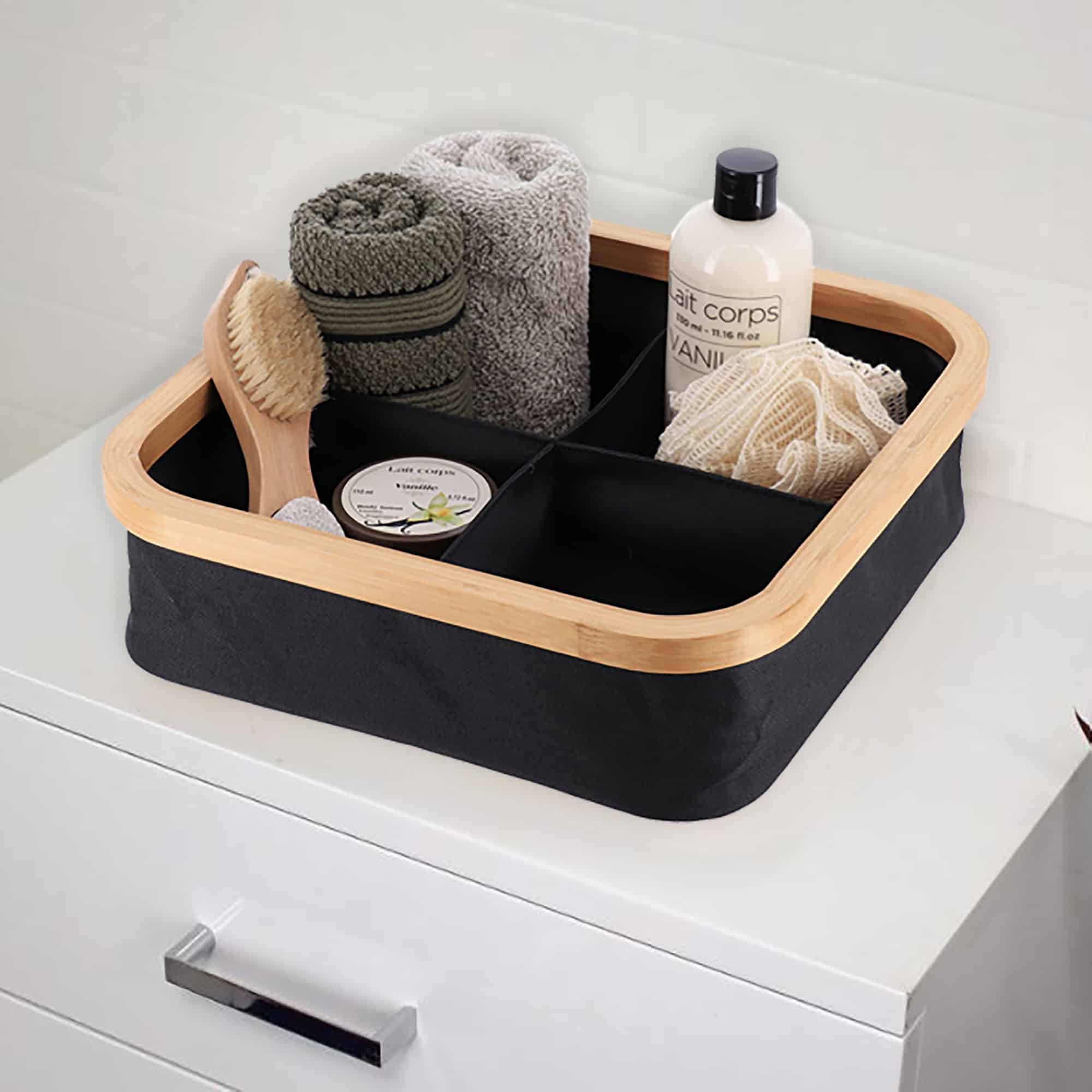 black and bamboo storage in use with toiletries