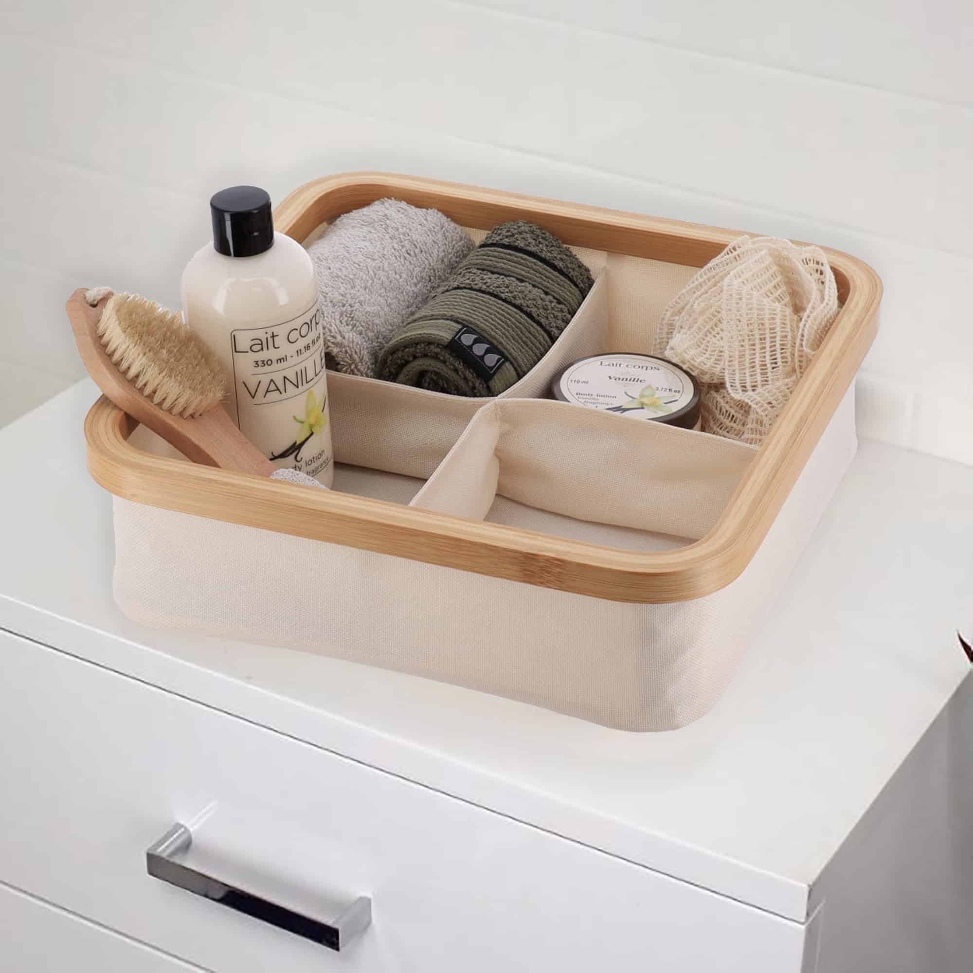 ecru and bamboo storage in use with toiletries