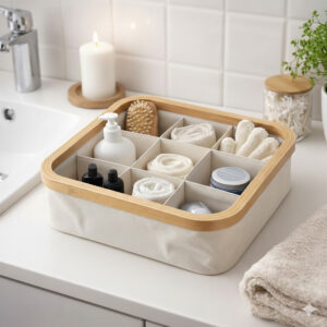 Image 2: Ecru bamboo-rimmed 9-compartment basket holding toiletries, rolled towels, and a loofah on a white bathroom countertop.