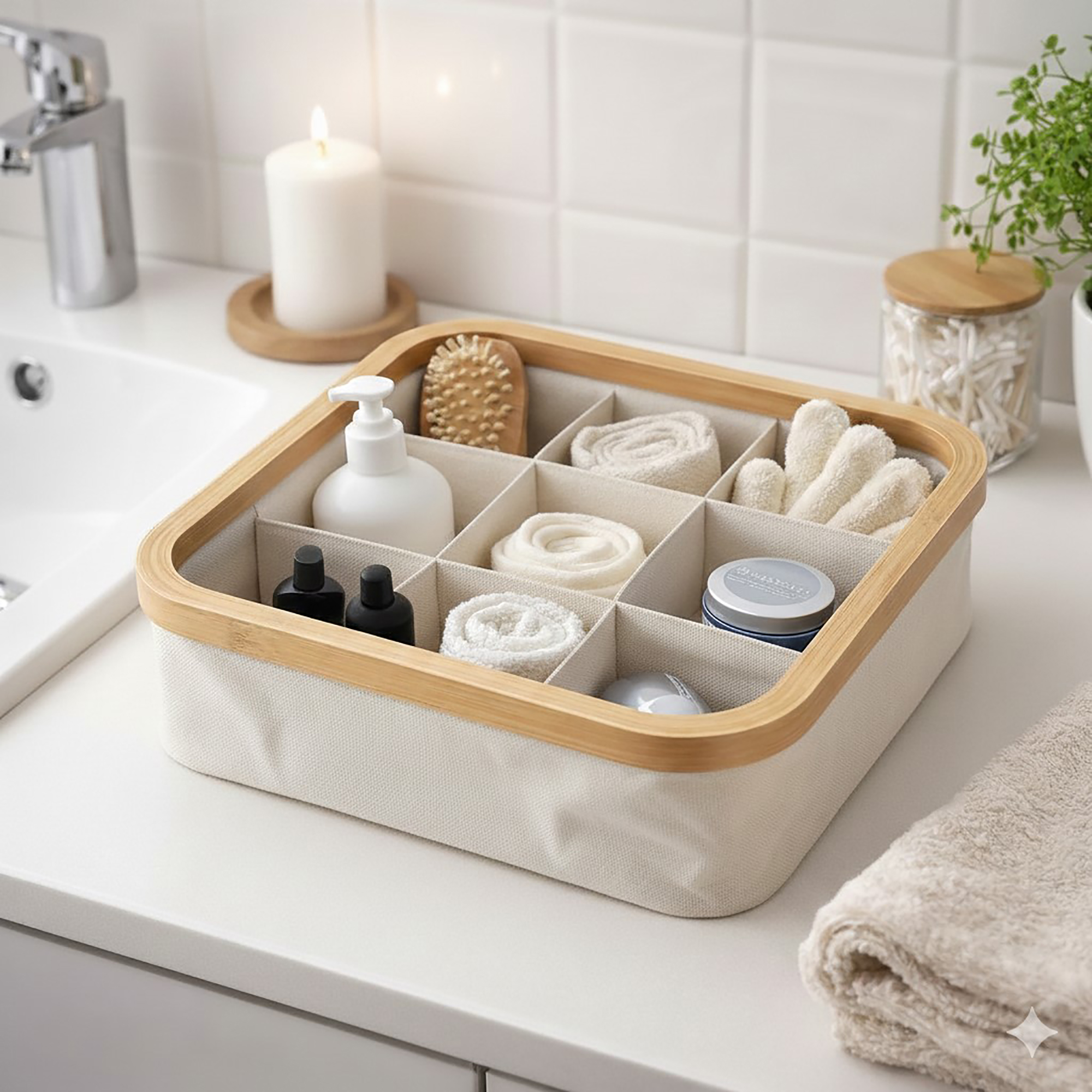 Image 2: Ecru bamboo-rimmed 9-compartment basket holding toiletries, rolled towels, and a loofah on a white bathroom countertop.
