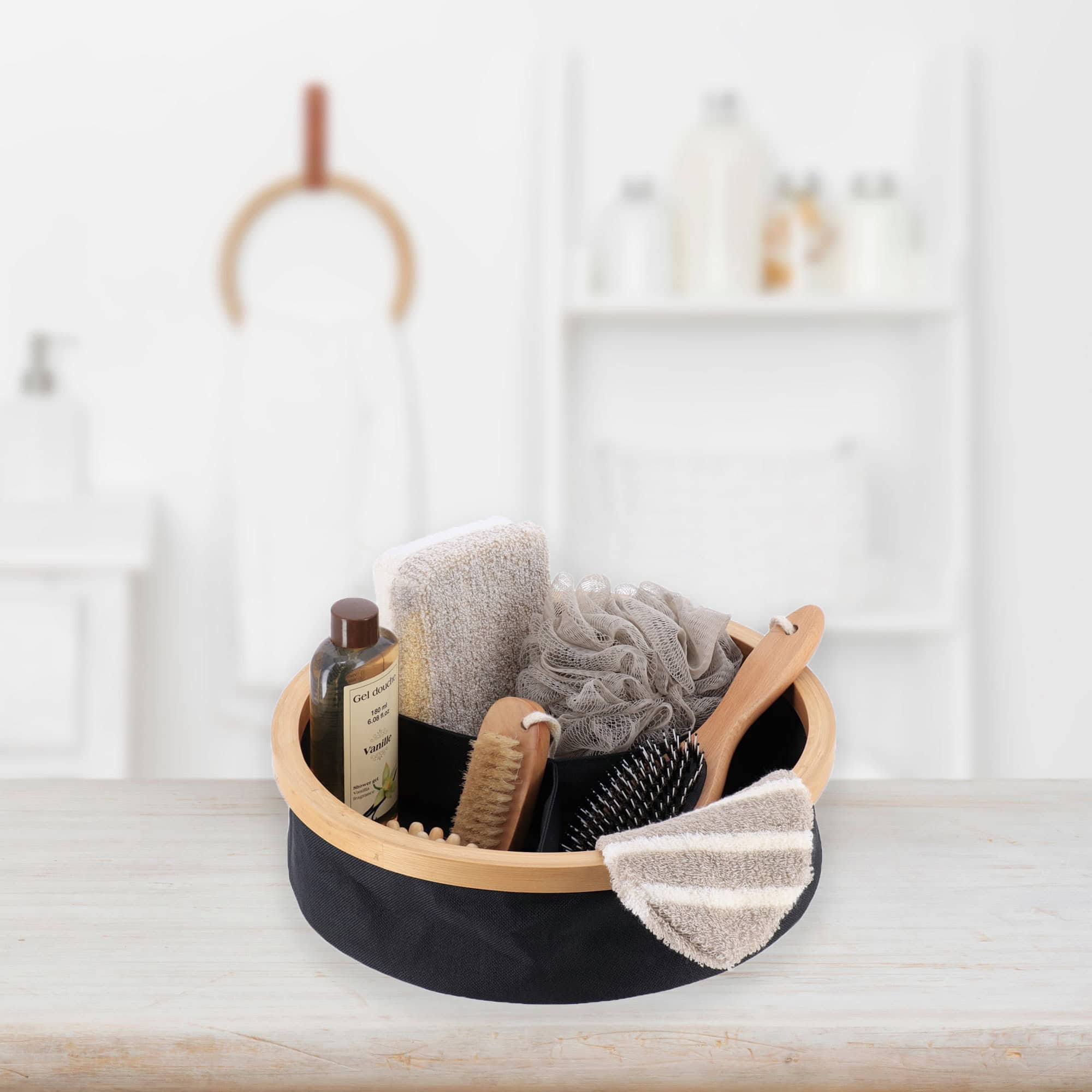 black and bamboo storage in use with bathroom accessories