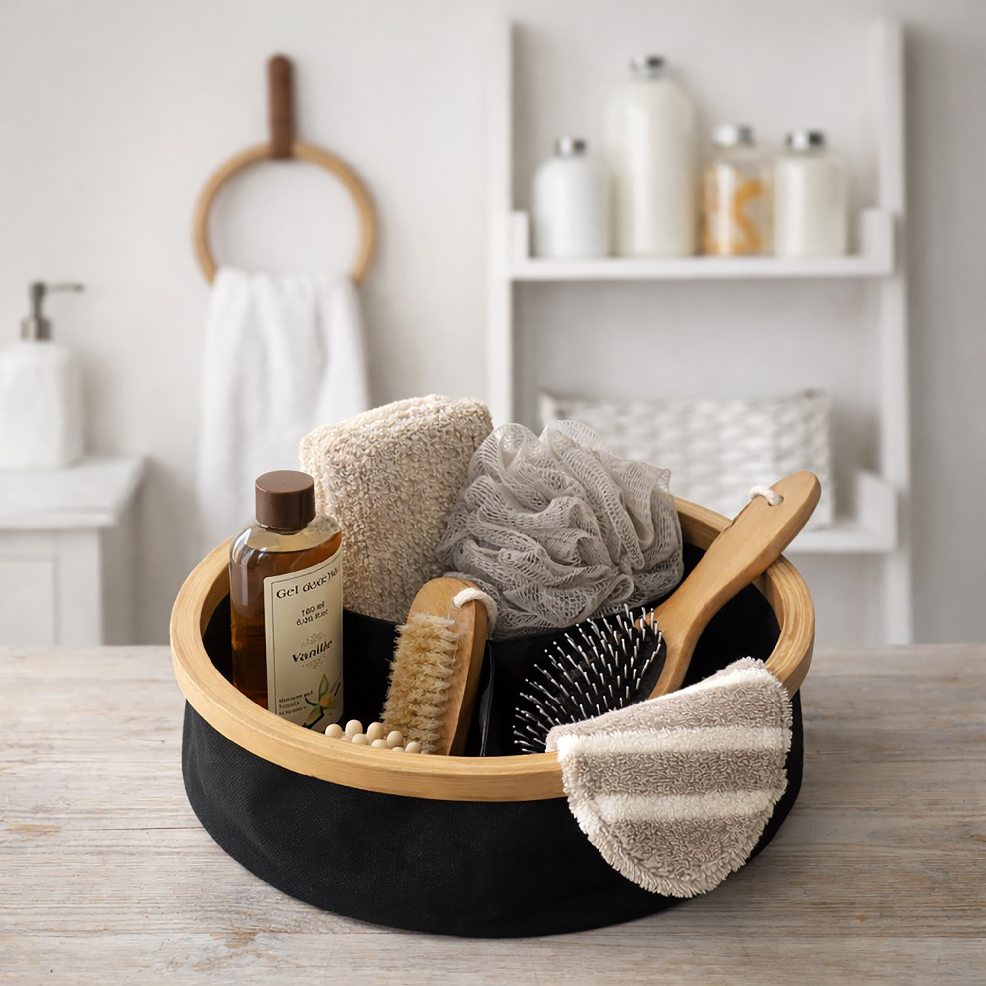 Image 3: Black round bamboo-rimmed basket holding bath accessories including brushes, a loofah, and shower gel on a wooden surface.