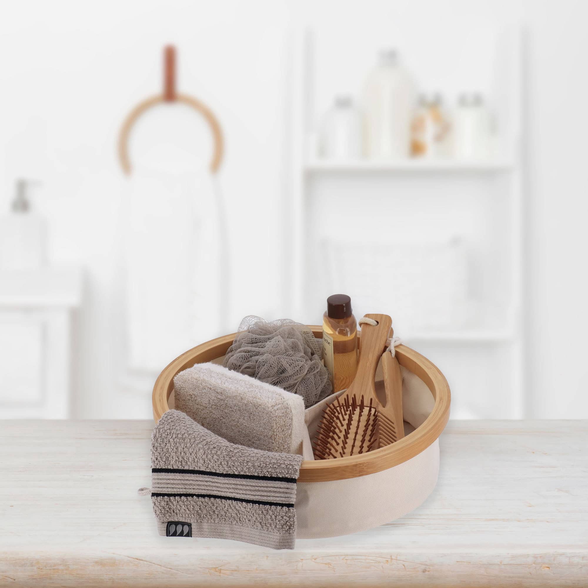 ecru and bamboo storage in use with bathroom accessories