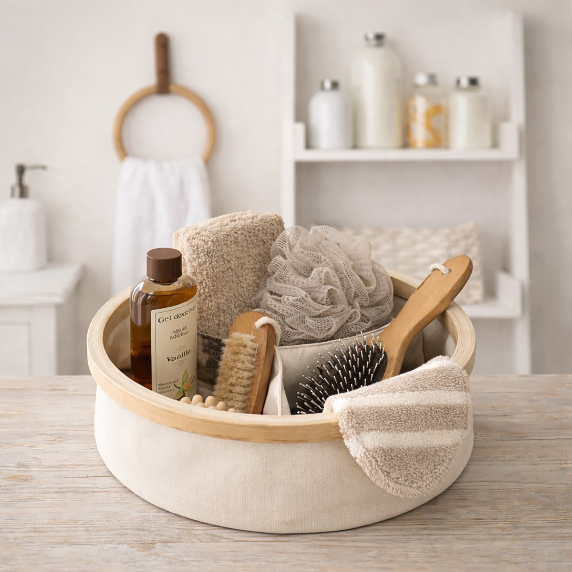 Image 4: Ecru round bamboo-rimmed basket holding bath accessories including brushes, a loofah, and shower gel on a wooden surface.