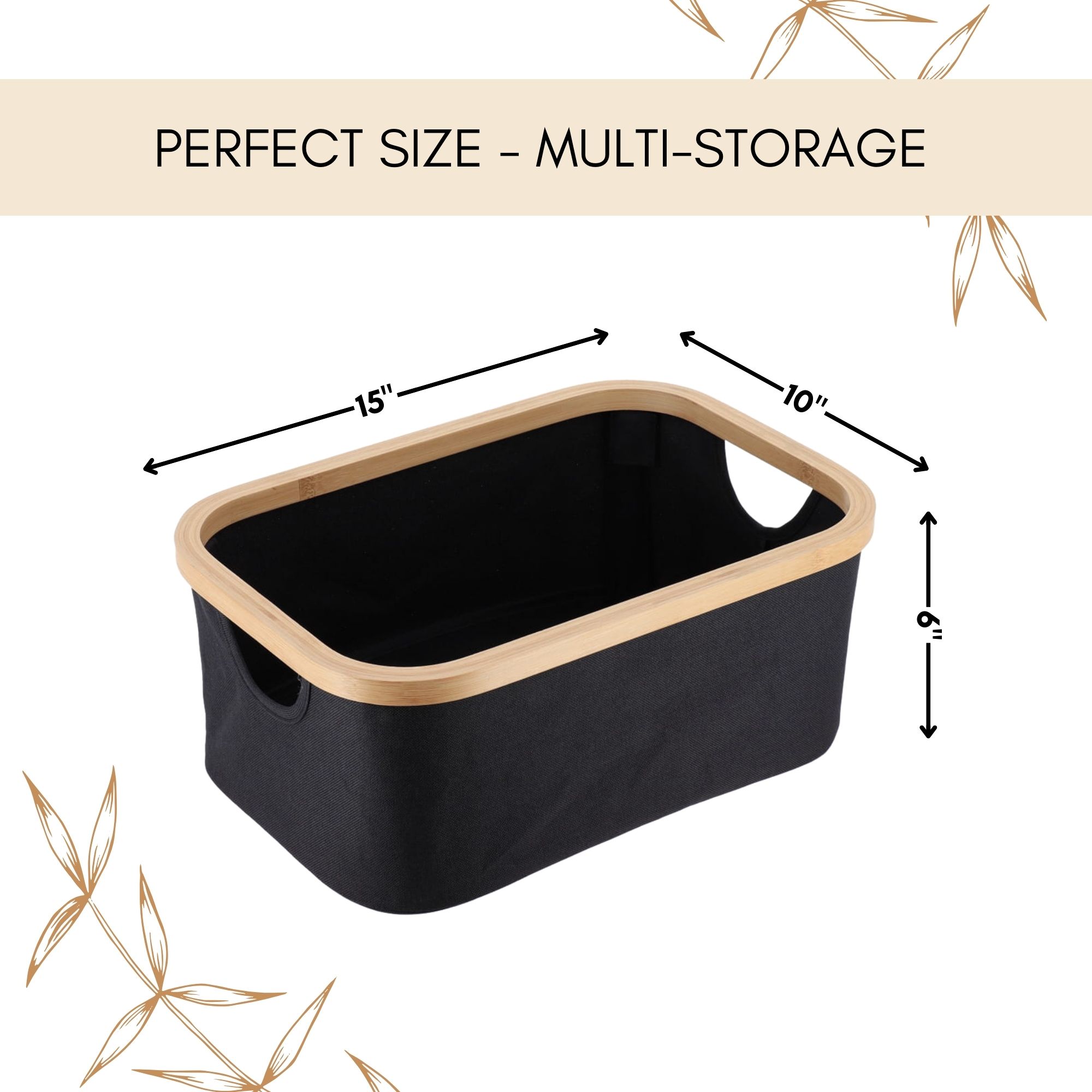 Infographic showing the storage basket dimensions: 15" x 10" x 9", labeled "Perfect Size – Multi-Storage."