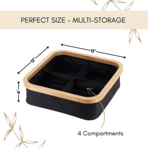 Infographic showing the square storage basket dimensions: 12" x 12" x 4" with 4 compartments, labeled "Perfect Size – Multi-Storage."