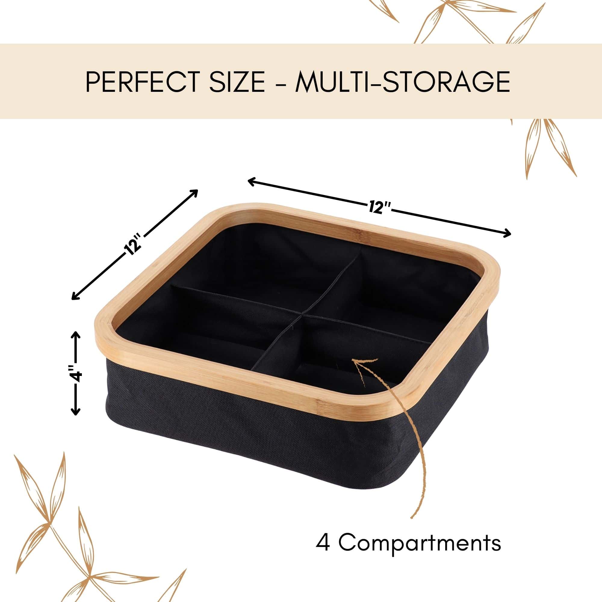 Infographic showing the square storage basket dimensions: 12" x 12" x 4" with 4 compartments, labeled "Perfect Size – Multi-Storage."