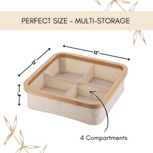 Infographic showing the ecru square storage basket dimensions: 12" x 12" x 4" with 4 compartments, labeled "Perfect Size – Multi-Storage."