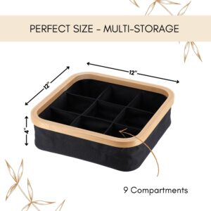 Image 4: Infographic showing the black square storage basket dimensions: 12" x 12" x 4" with 9 compartments, labeled "Perfect Size – Multi-Storage."