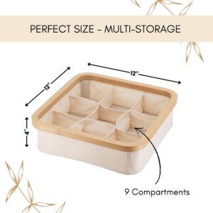 Image 3: Infographic showing the ecru square storage basket dimensions: 12" x 12" x 4" with 9 compartments, labeled "Perfect Size – Multi-Storage."