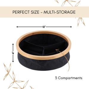 Image 4: Infographic showing the round black storage basket dimensions: 12" diameter x 4" height with 3 compartments, labeled "Perfect Size – Multi-Storage."