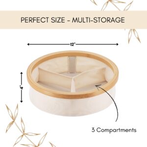 Image 5: Infographic showing the round ecru storage basket dimensions: 12" diameter x 4" height with 3 compartments, labeled "Perfect Size – Multi-Storage."