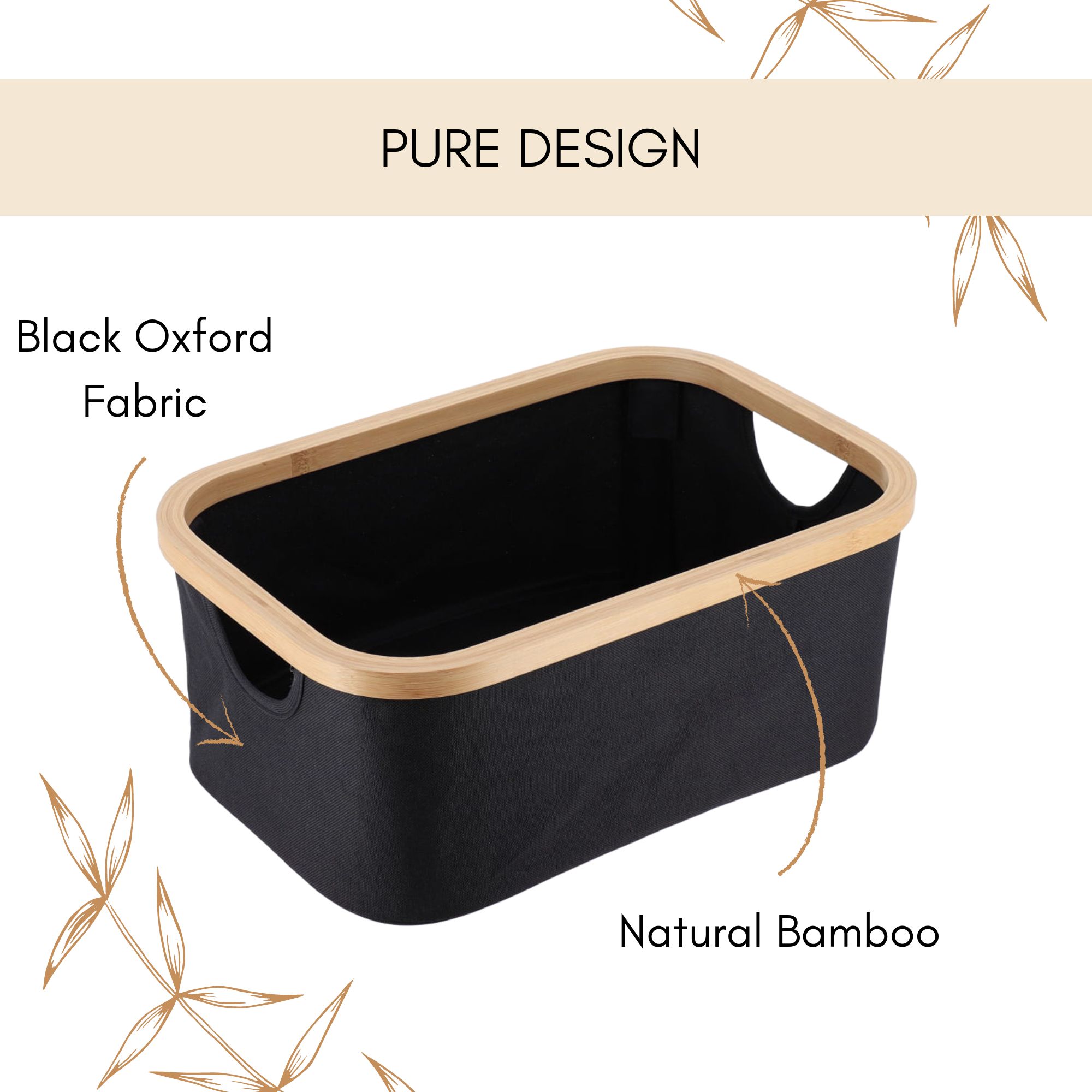 Product infographic highlighting the basket's black Oxford fabric body and natural bamboo rim construction.