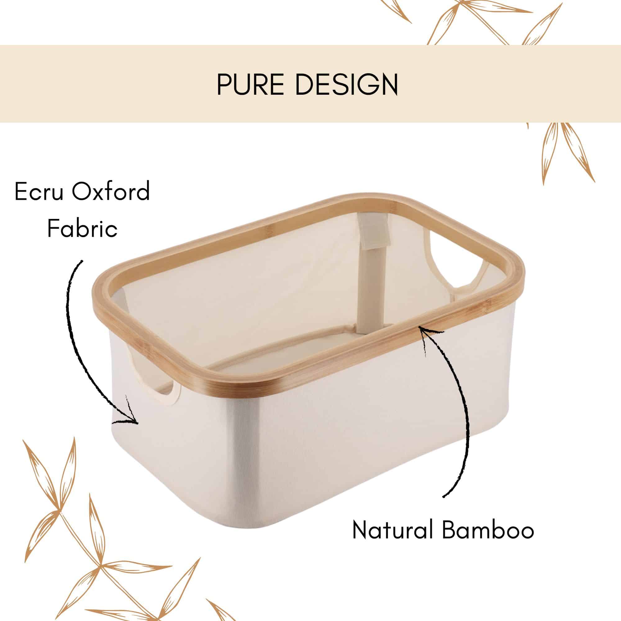 Product infographic highlighting the basket's ecru Oxford fabric body and natural bamboo rim construction.