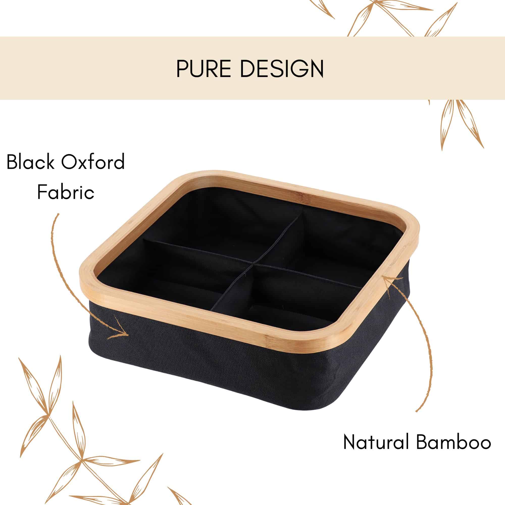 Product infographic highlighting the basket's black Oxford fabric body and natural bamboo rim construction.