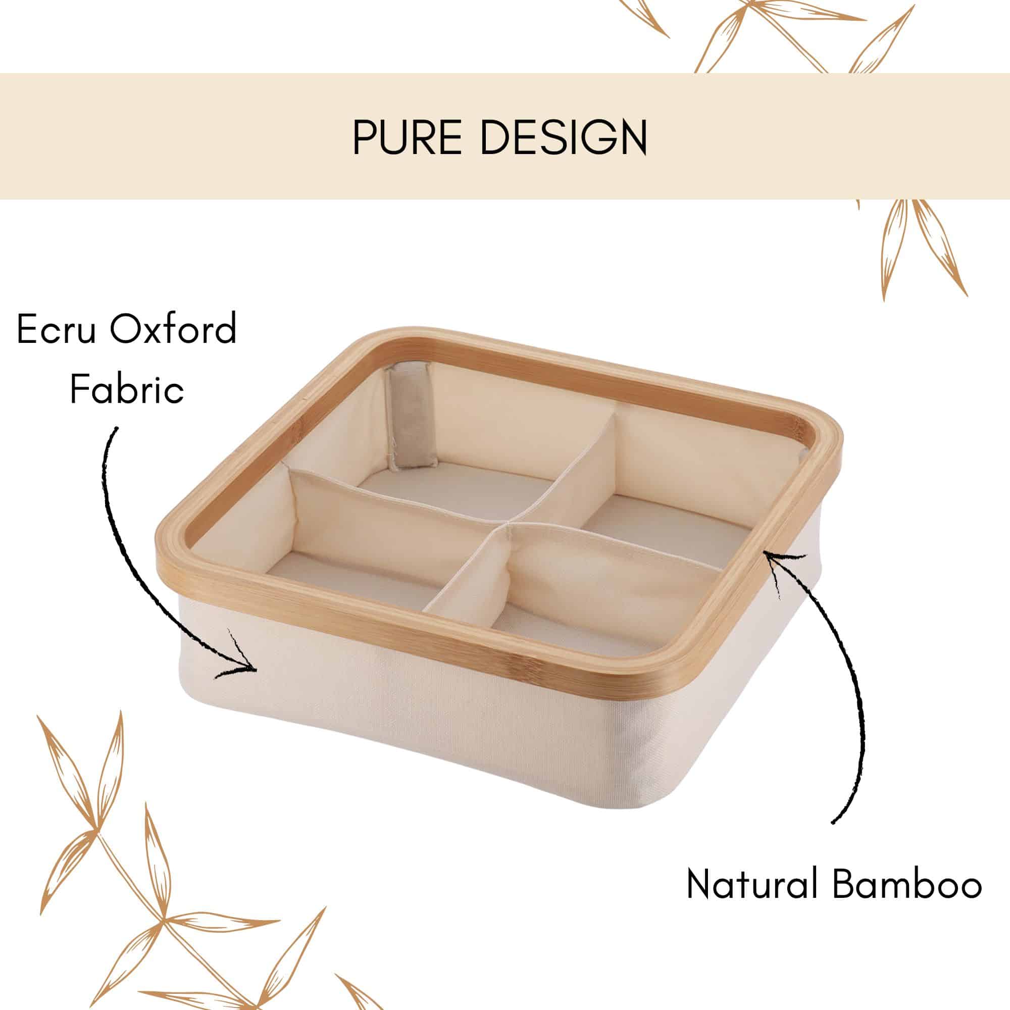 Product infographic highlighting the basket's ecru Oxford fabric body and natural bamboo rim construction.