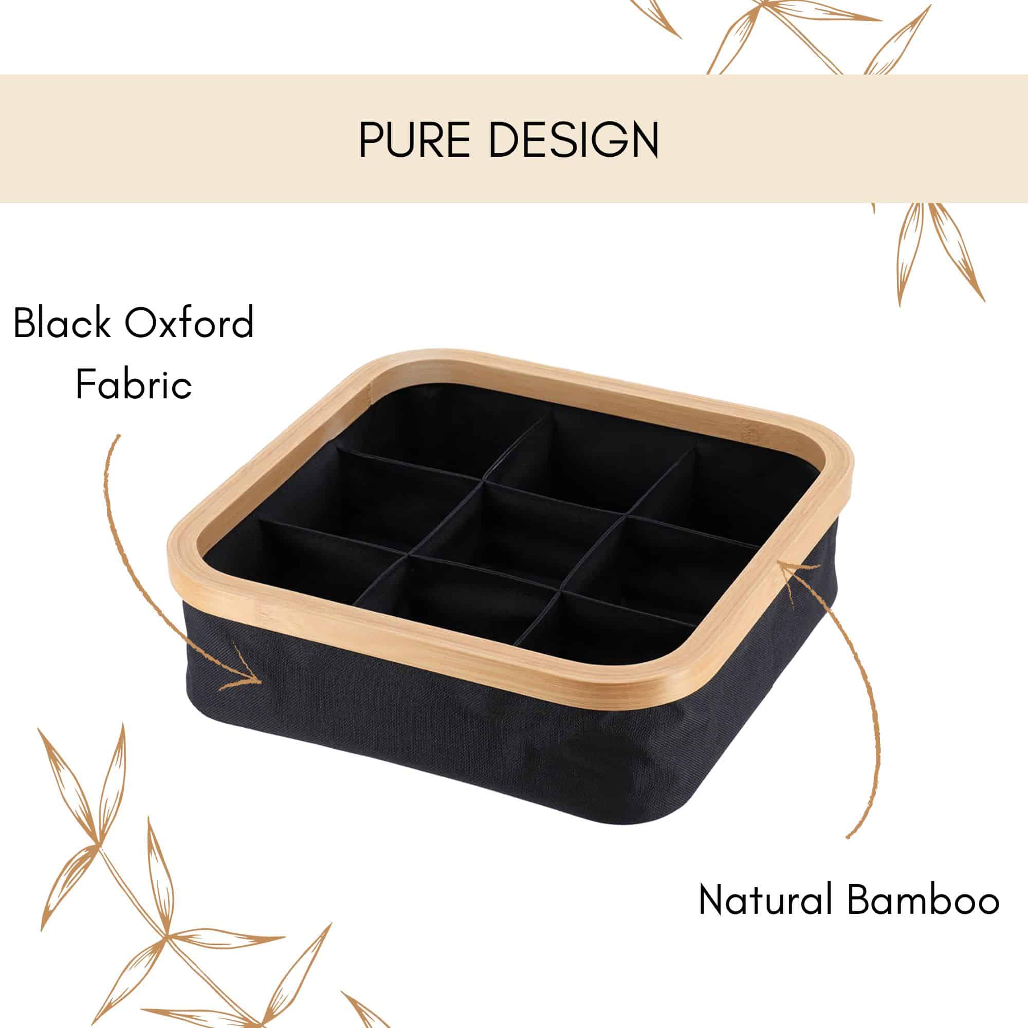 Image 5: Product infographic highlighting the basket's black Oxford fabric body and natural bamboo rim construction.